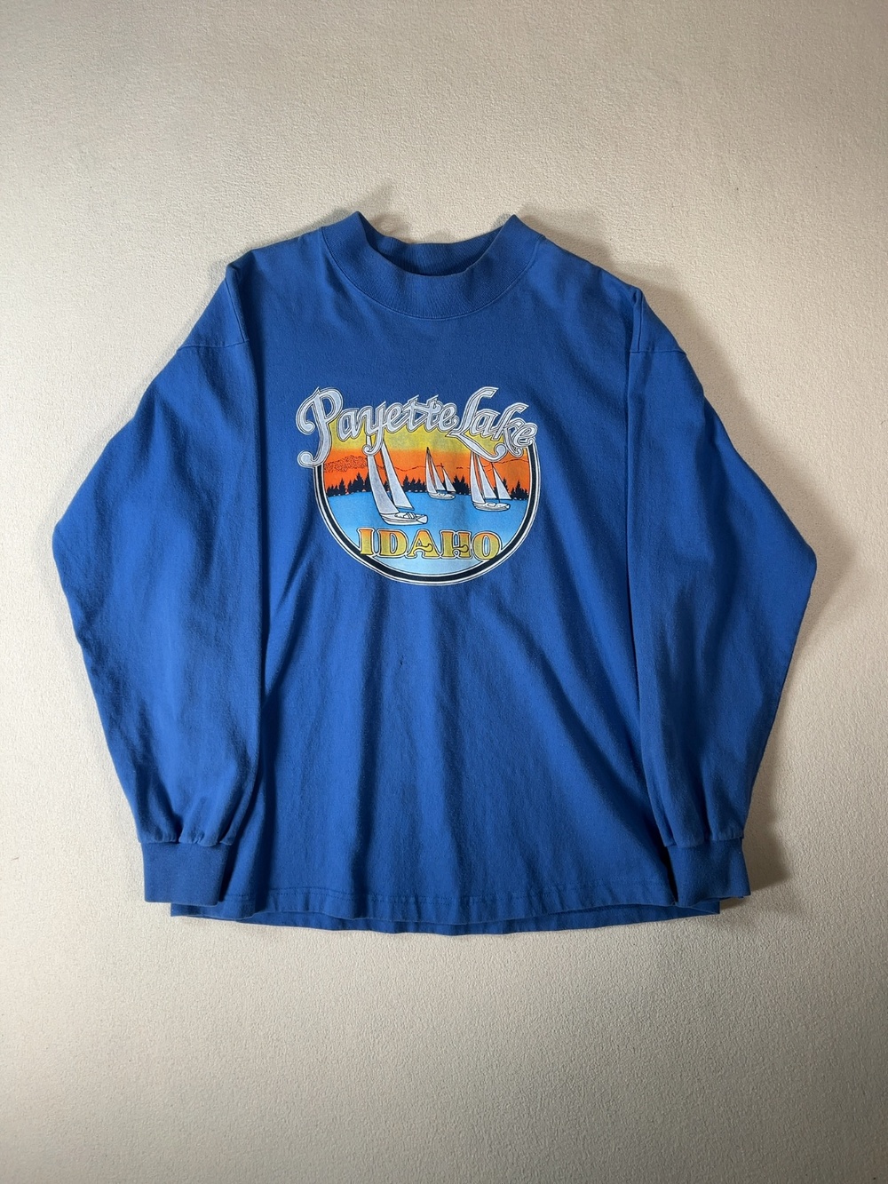 Vintage Anvil Payette Lake Idaho Mock Neck Long Sleeve Shirt XL Blue